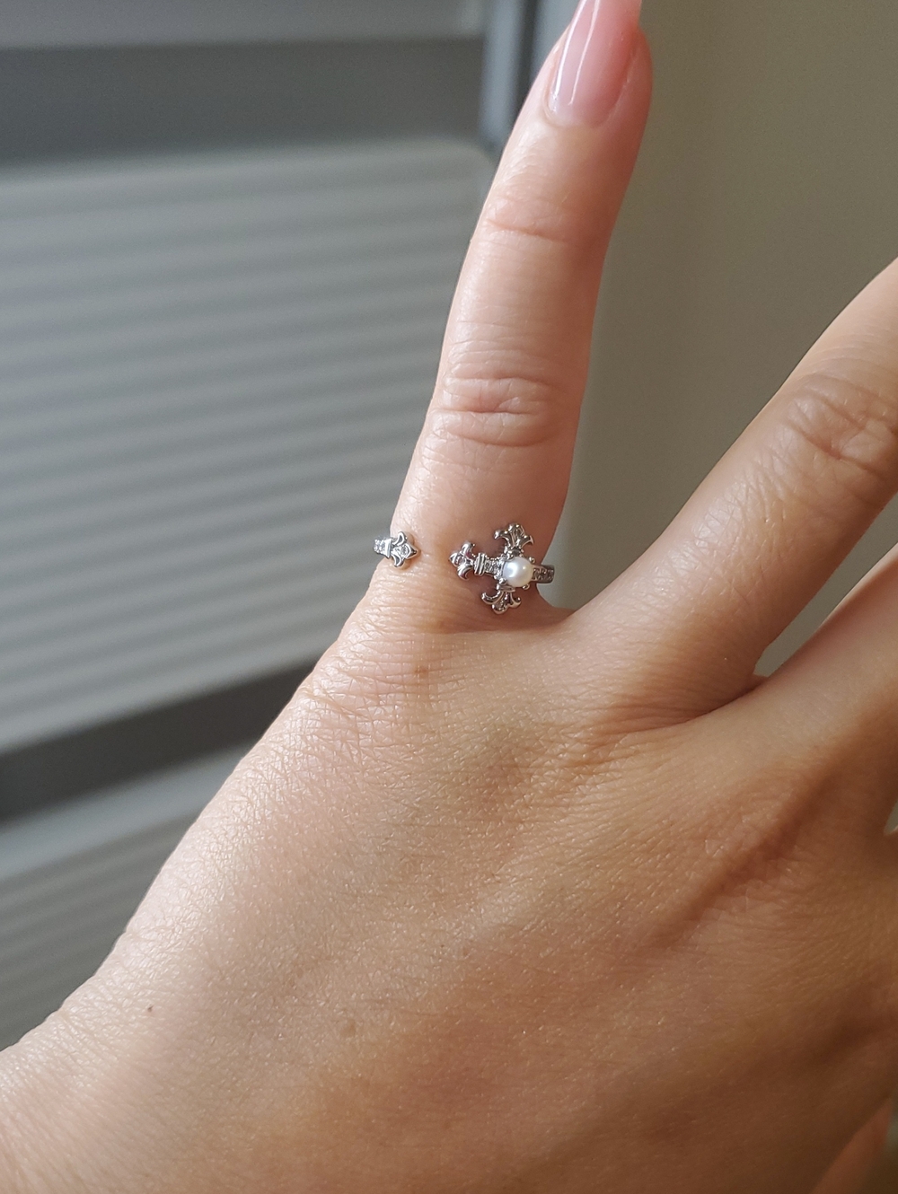 Sterling Silver Open Ring with Freshwater White Pearl Accent